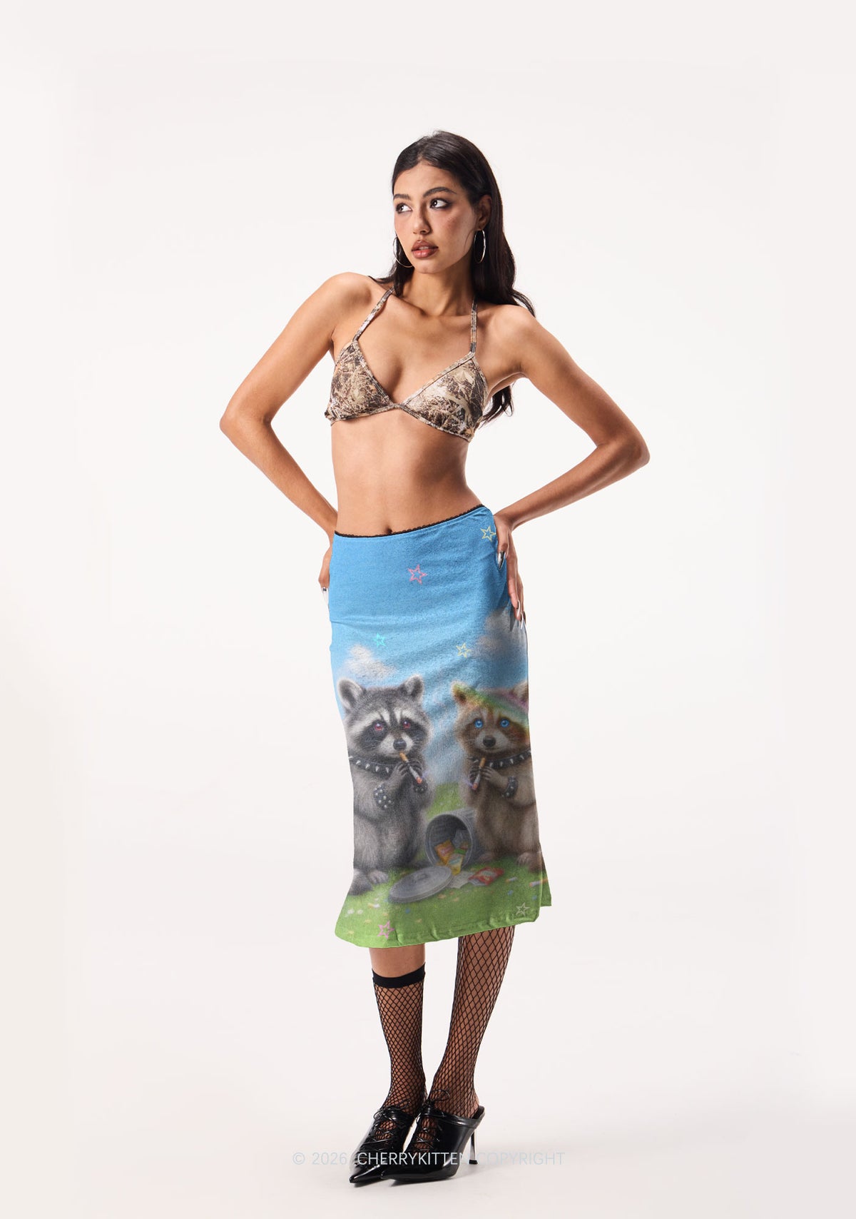 Two Punk Raccoons Smoking Y2K Print Midi Skirt Cherrykitten