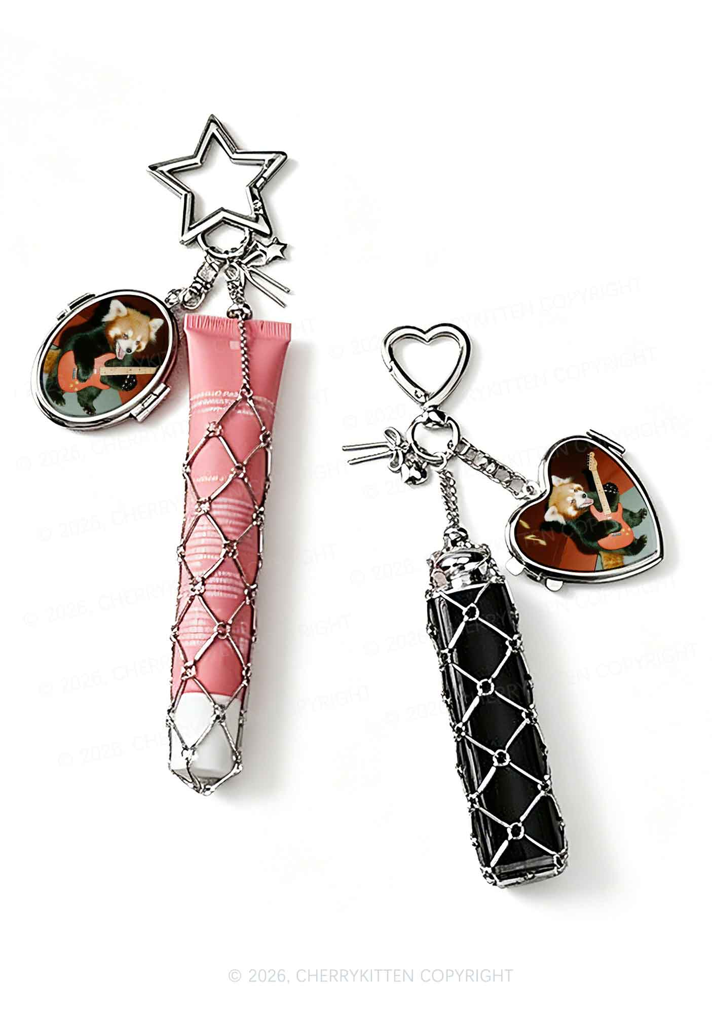 Guitar Raccoon 1pc Y2K Metal Mesh Lipstick Holder Keychain With Mirror Cherrykitten