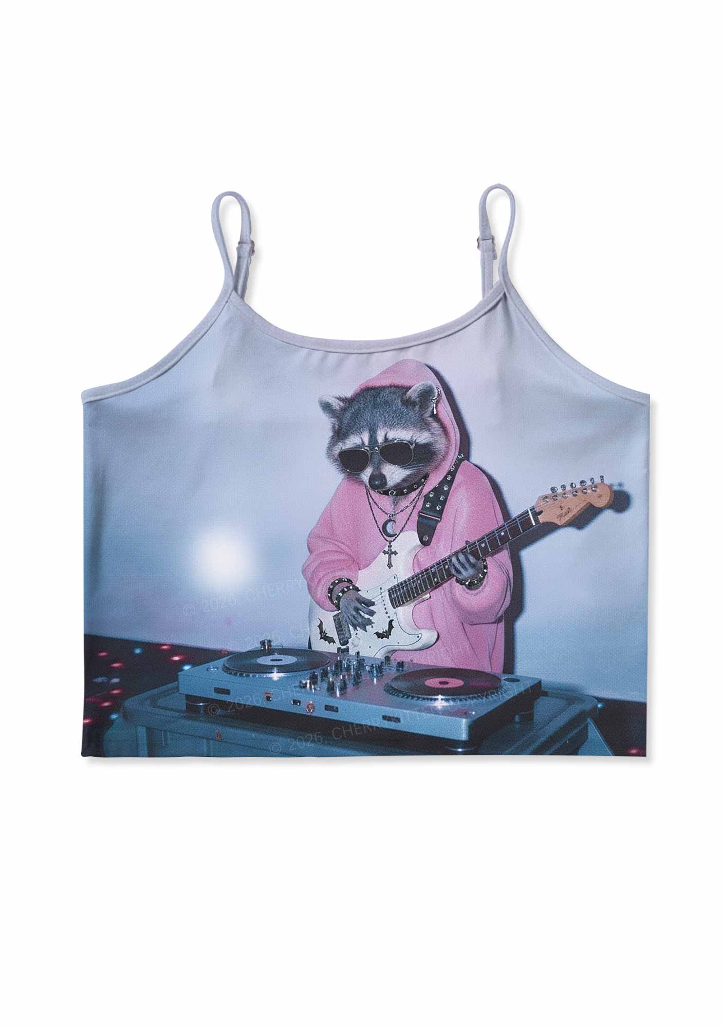 Pink Hoodie Raccoon DJ Y2K Print Cami Crop Top Cherrykitten