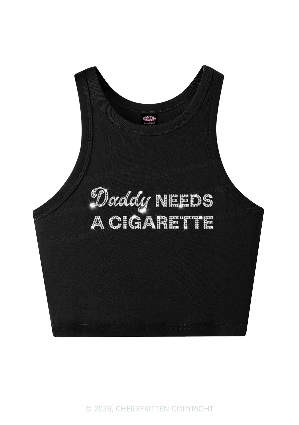 Rhinestone Daddy Needs A Cigarette Y2K Crop Tank Top Cherrykitten