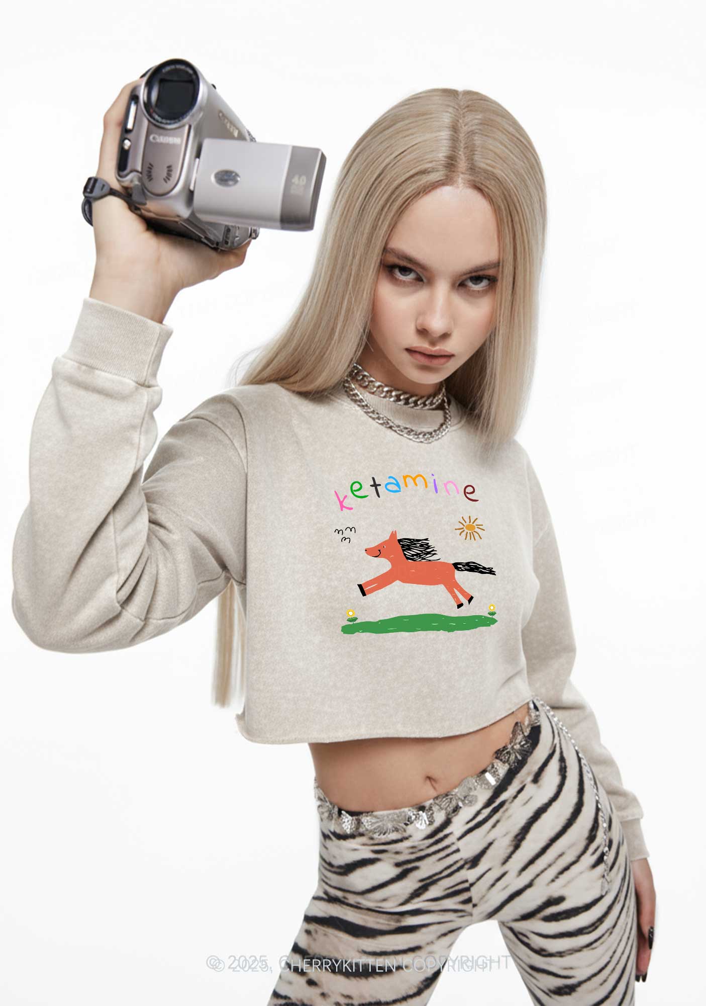 Orange Pony Y2K Crop Washed Sweatshirts Cherrykitten