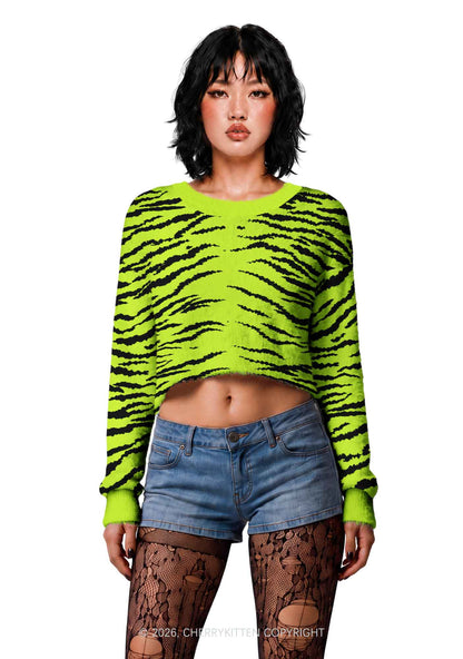 Green Zebra Y2K Crop Knit Sweatshirt Cherrykitten