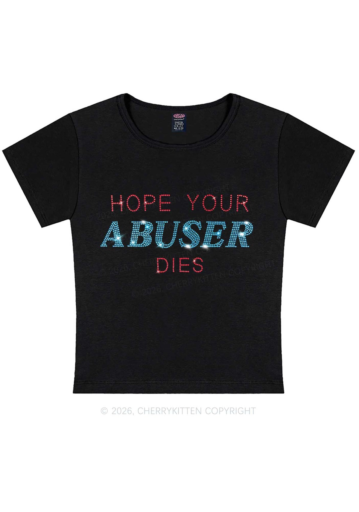 Rhinestone Hope Your Abuser Dies Y2K Baby Tee Cherrykitten