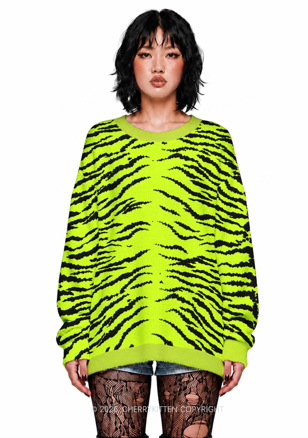 Green Zebra Y2K Knit Sweatshirt Cherrykitten