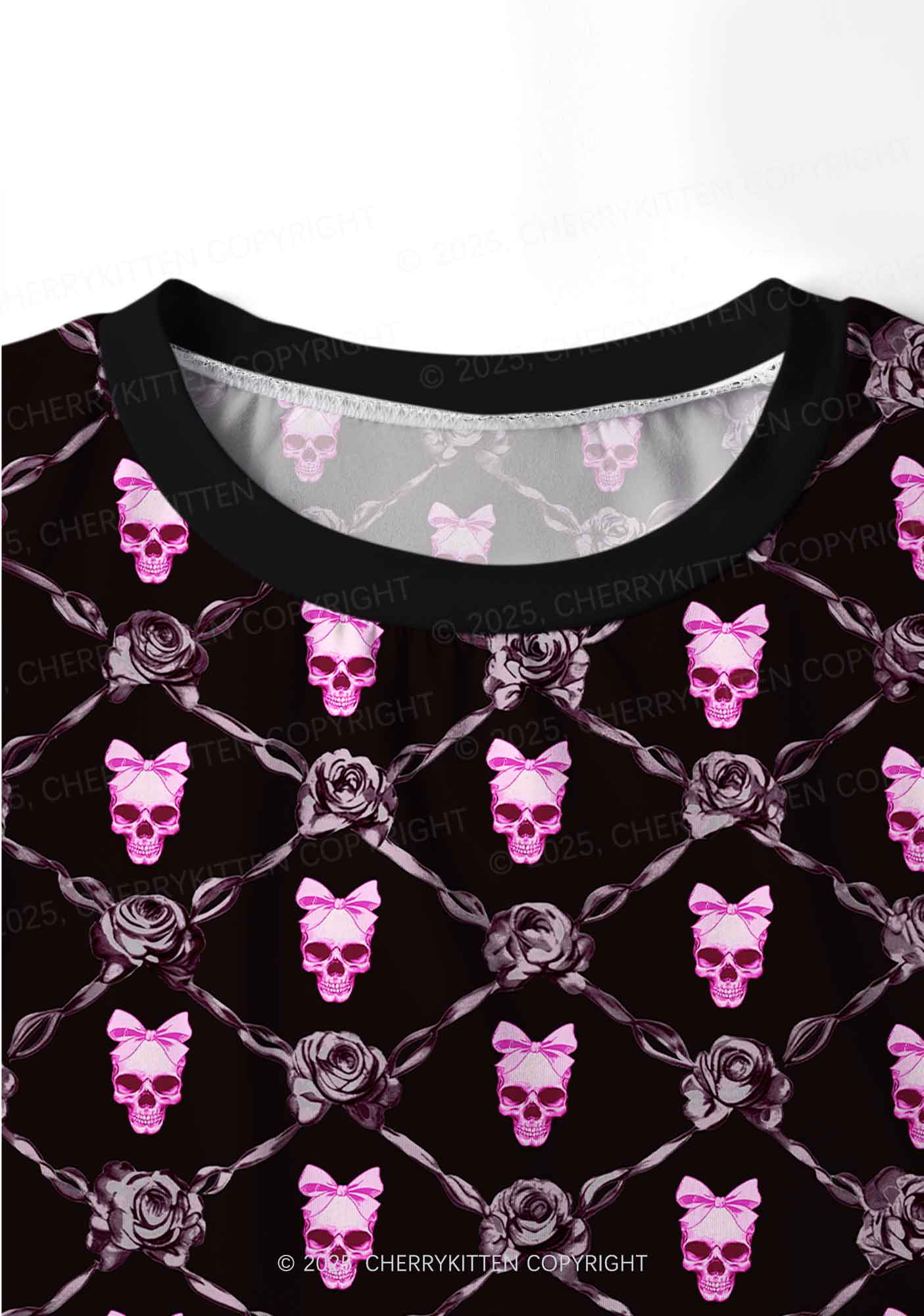 Halloween Pink Skull Y2K Print Long Sleeve Pajama Set Cherrykitten