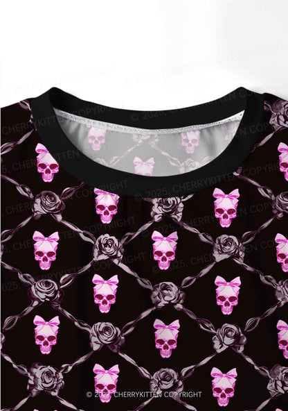 Halloween Pink Skull Y2K Print Long Sleeve Pajama Set Cherrykitten