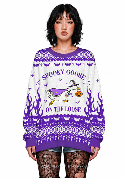 Halloween Spooky Goose On Loose Y2K Knit Sweatshirt Cherrykitten