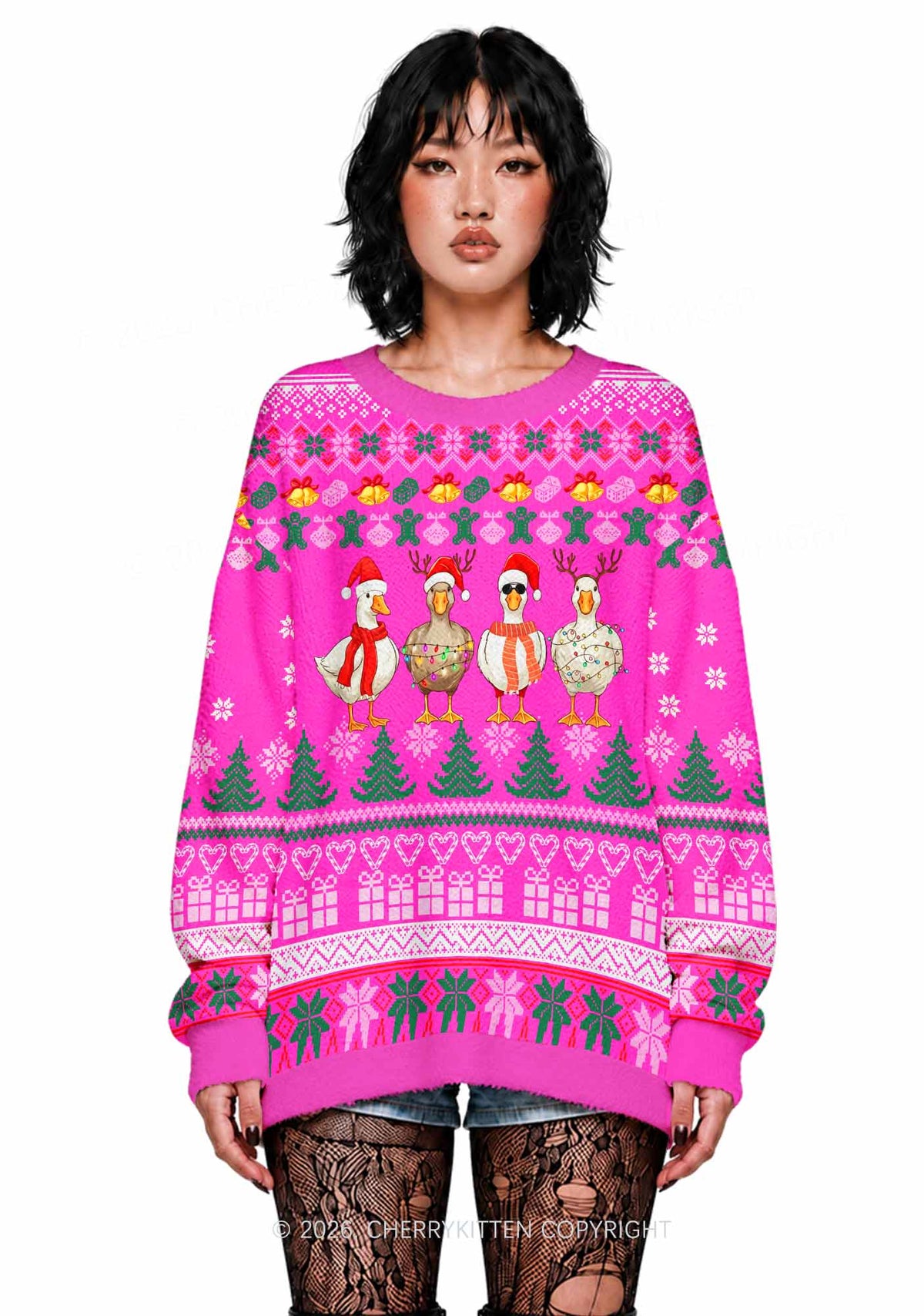 Four Christmas Ducks Y2K Knit Sweatshirt Cherrykitten