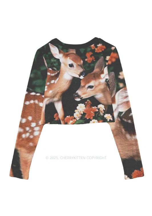 Deer Flowers Y2K Mesh Long Sleeve Crop Top Cherrykitten