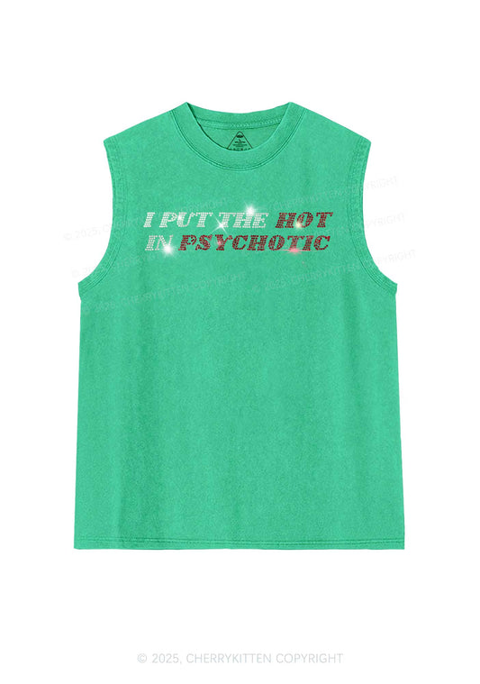 Rhinestone I Put The Hot In Psychotic Y2K Washed Muscle Tank Cherrykitten