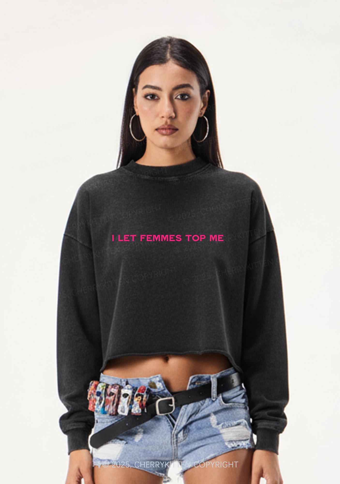 I Let Femmes Top Me Y2K Crop Washed Sweatshirts Cherrykitten