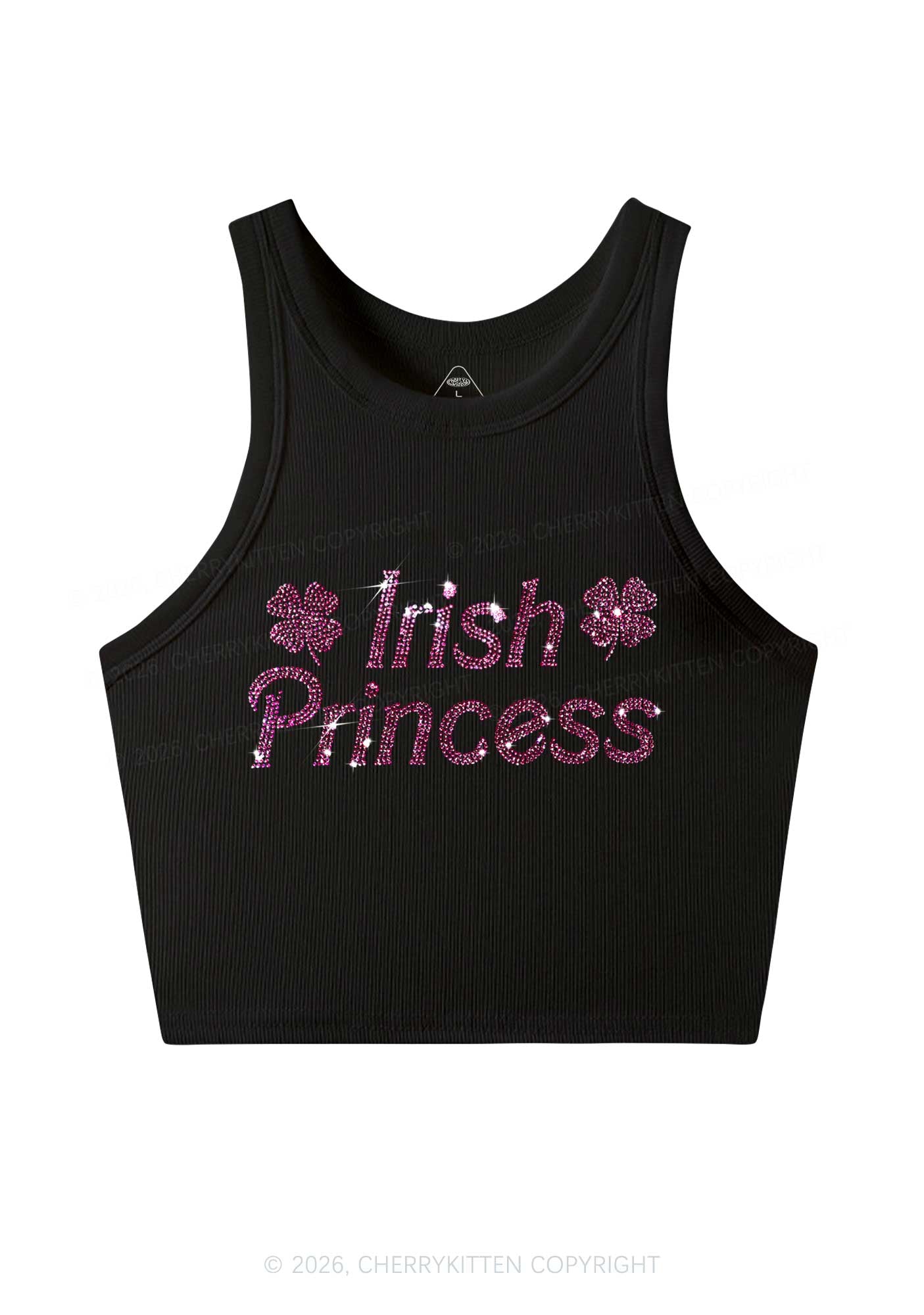 Rhinestone Irish Princess St Patricks Y2K Crop Tank Top Cherrykitten