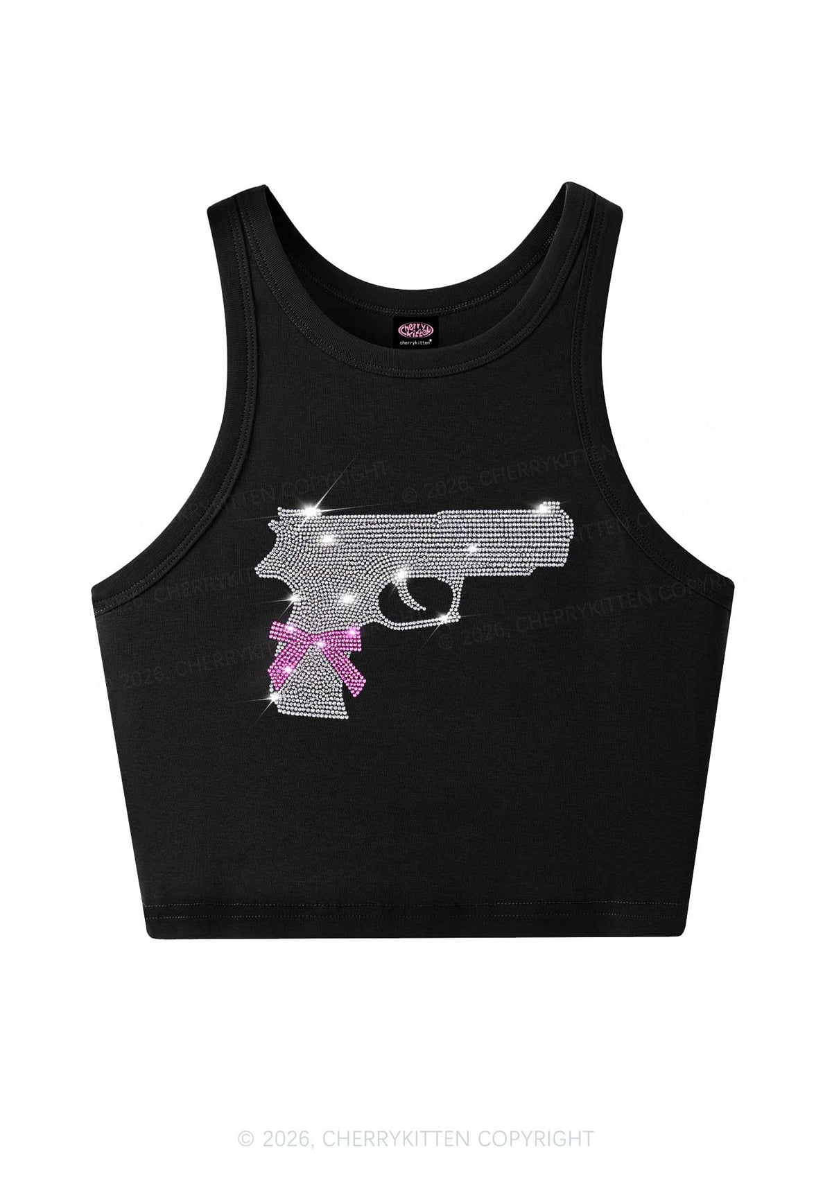 Rhinestone Pink Bow Weapon Y2K Crop Tank Top Cherrykitten