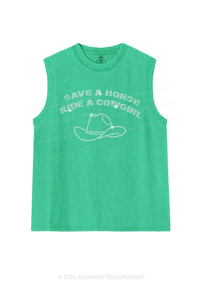 Rhinestone Save Horse Ride Cowgirl Y2K Washed Muscle Tank Cherrykitten