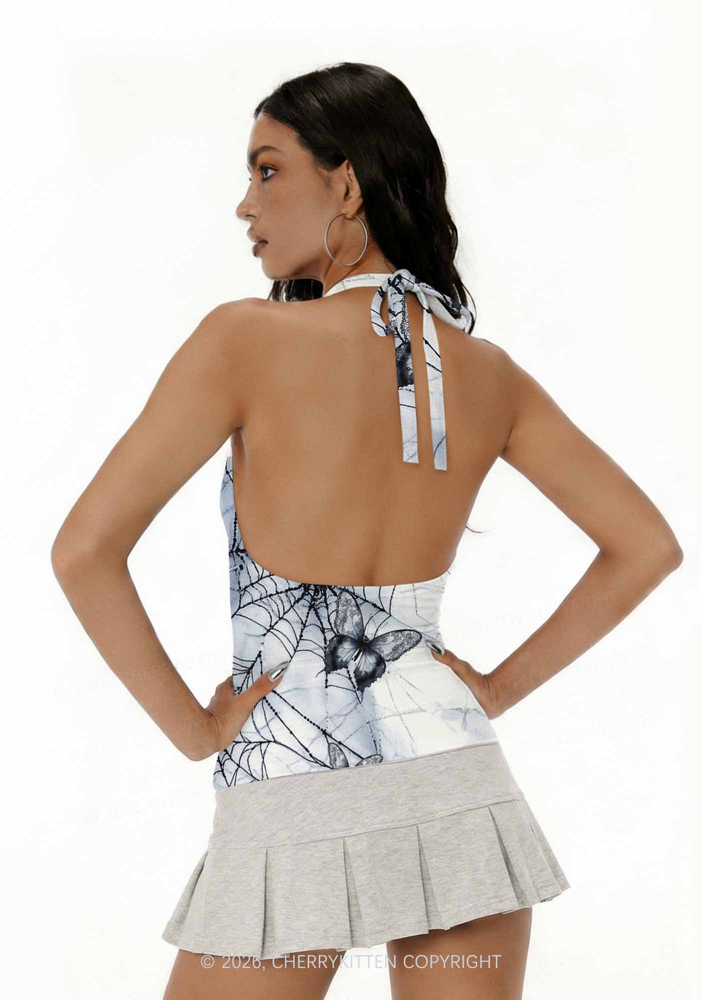 Web And Butterflies Y2K Print Halter Deep V Neck Cami Cherrykitten