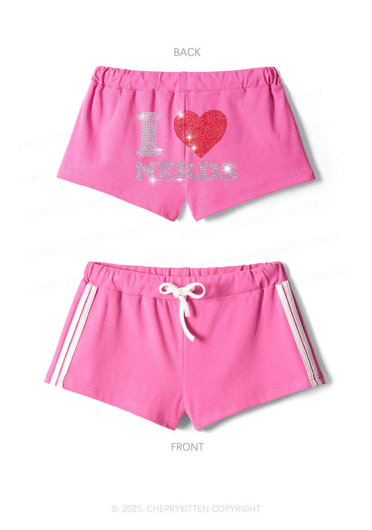 Rhinestone I Love Nerds Y2K Drawstring Mini Shorts Cherrykitten