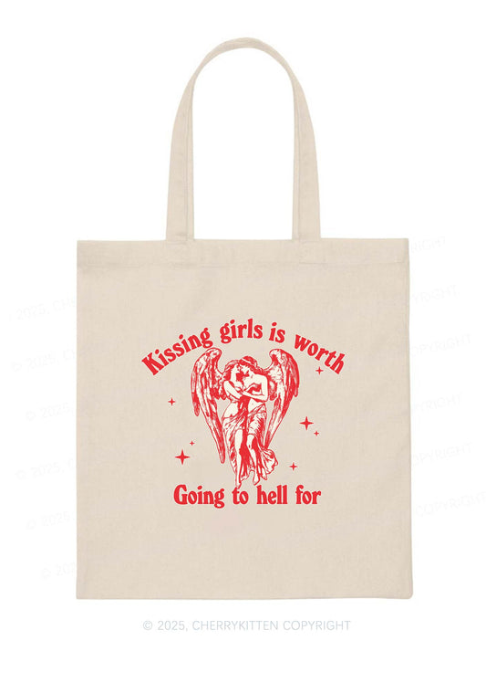 Kissing Girls To Hell Pride Y2K Canvas Tote Bag Cherrykitten