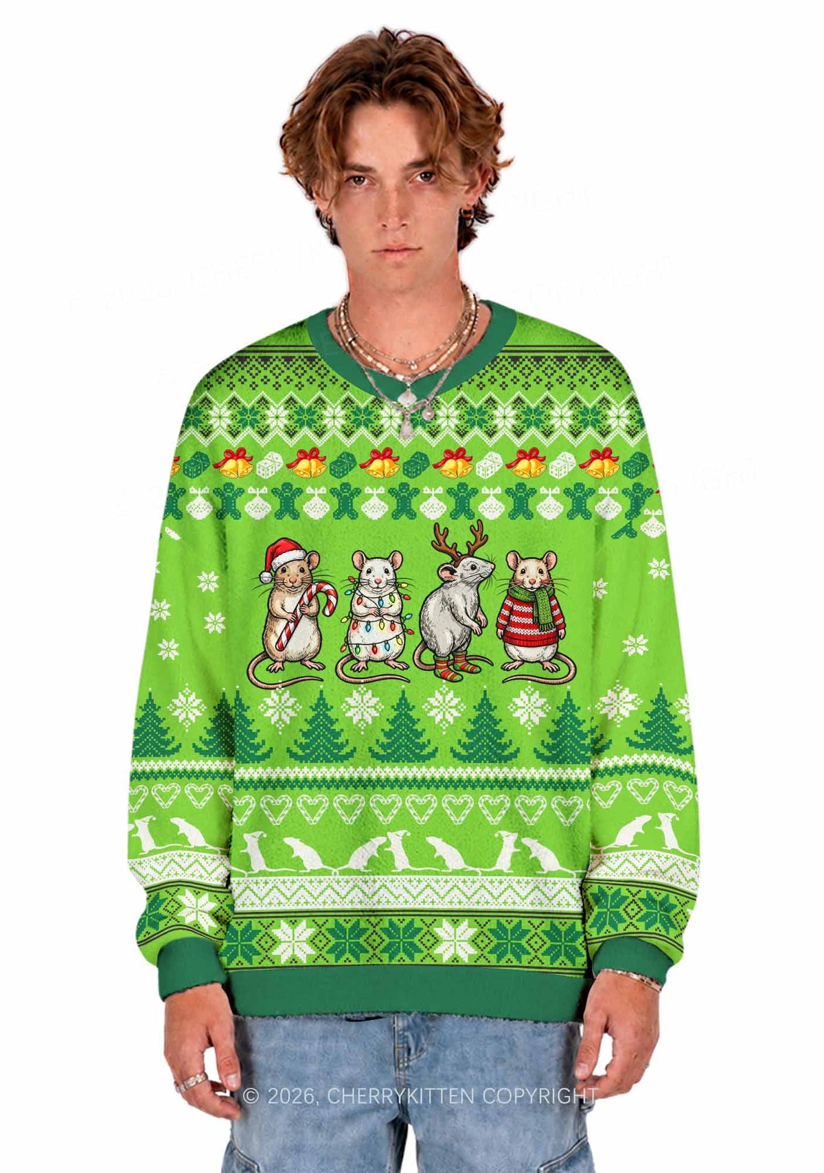 Four Christmas Rats Y2K Knit Sweatshirt Cherrykitten