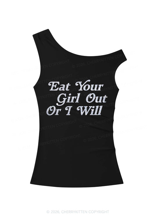 Glitter Eat Your Girl Out Y2K Off Shoulder Tank Top Cherrykitten