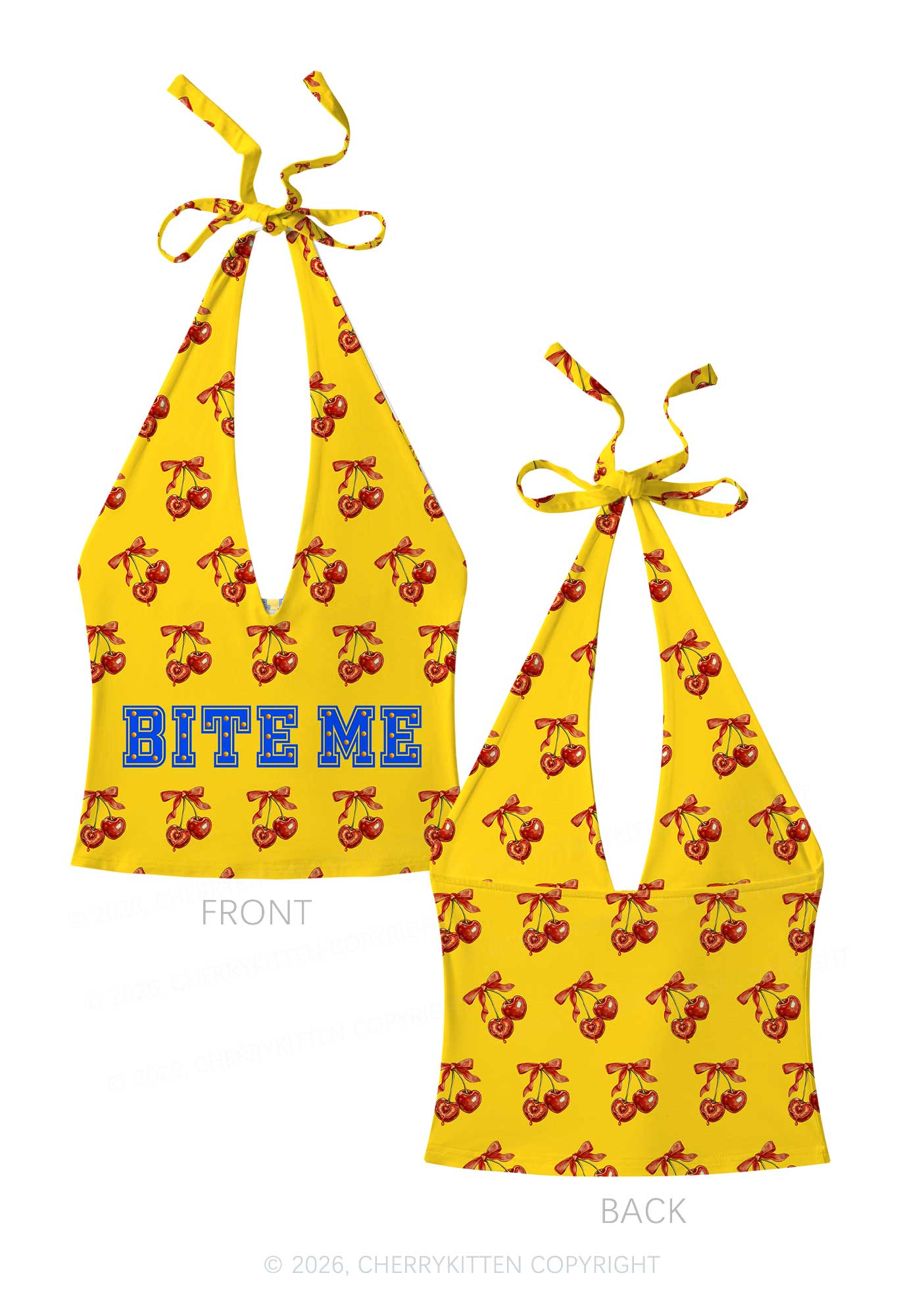 Yellow Bite Me Y2K Print Halter Deep V Neck Cami Cherrykitten