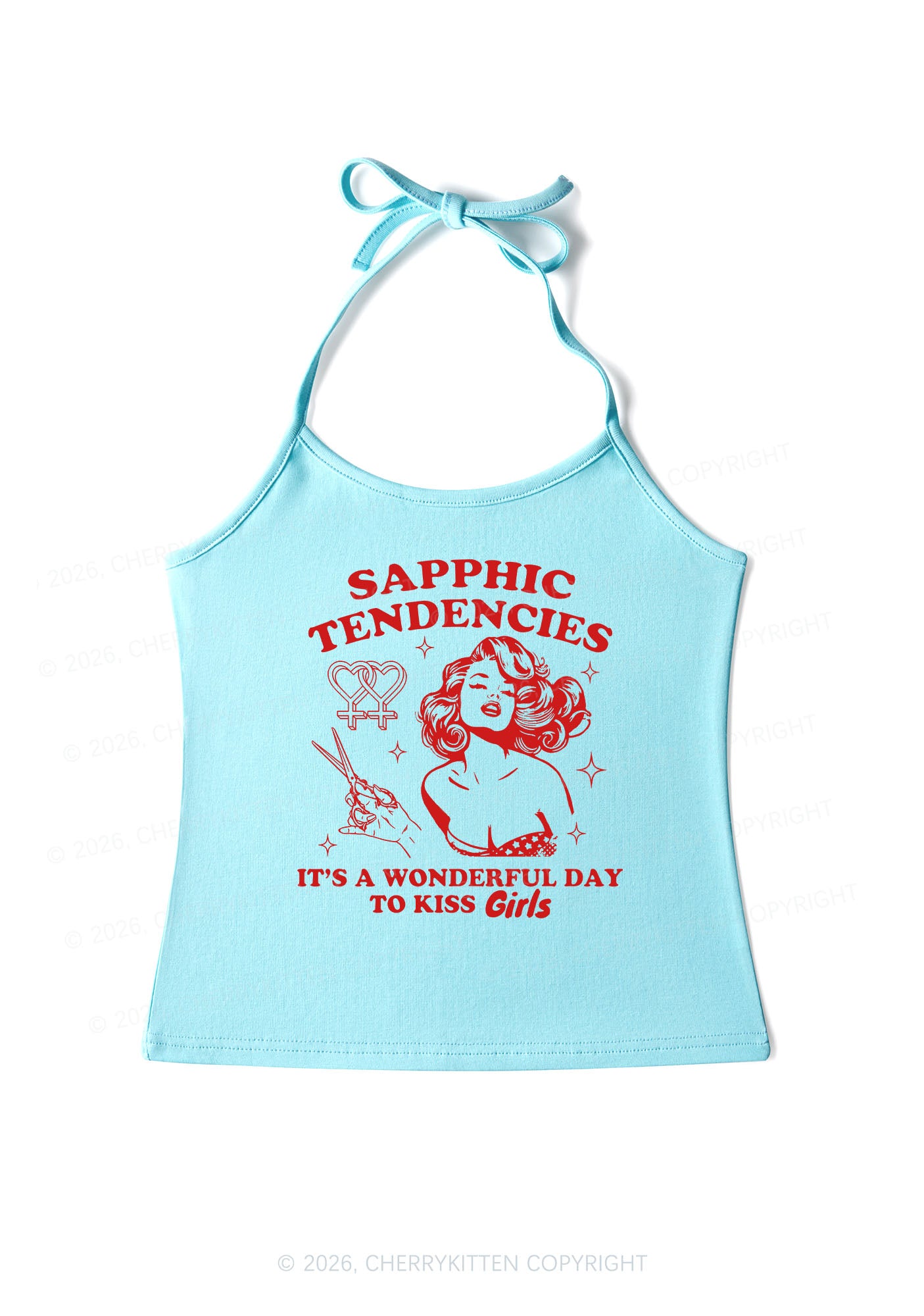 Sapphic Tendencies Kiss Girls Pride Y2K Halter Neck Cami Cherrykitten