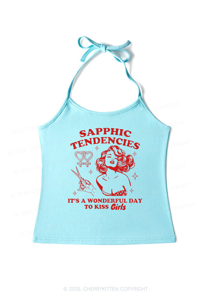 Sapphic Tendencies Kiss Girls Pride Y2K Halter Neck Cami Cherrykitten