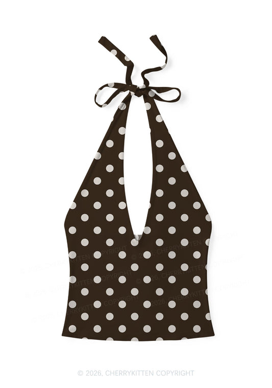 White Dots On Dark Brown Y2K Print Halter Deep V Neck Cami Cherrykitten