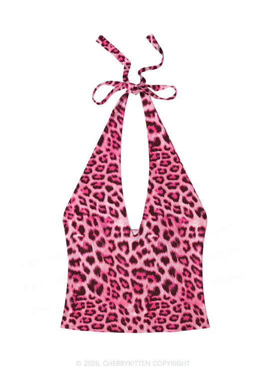 Pink Leopard Y2K Print Halter Deep V Neck Cami Cherrykitten