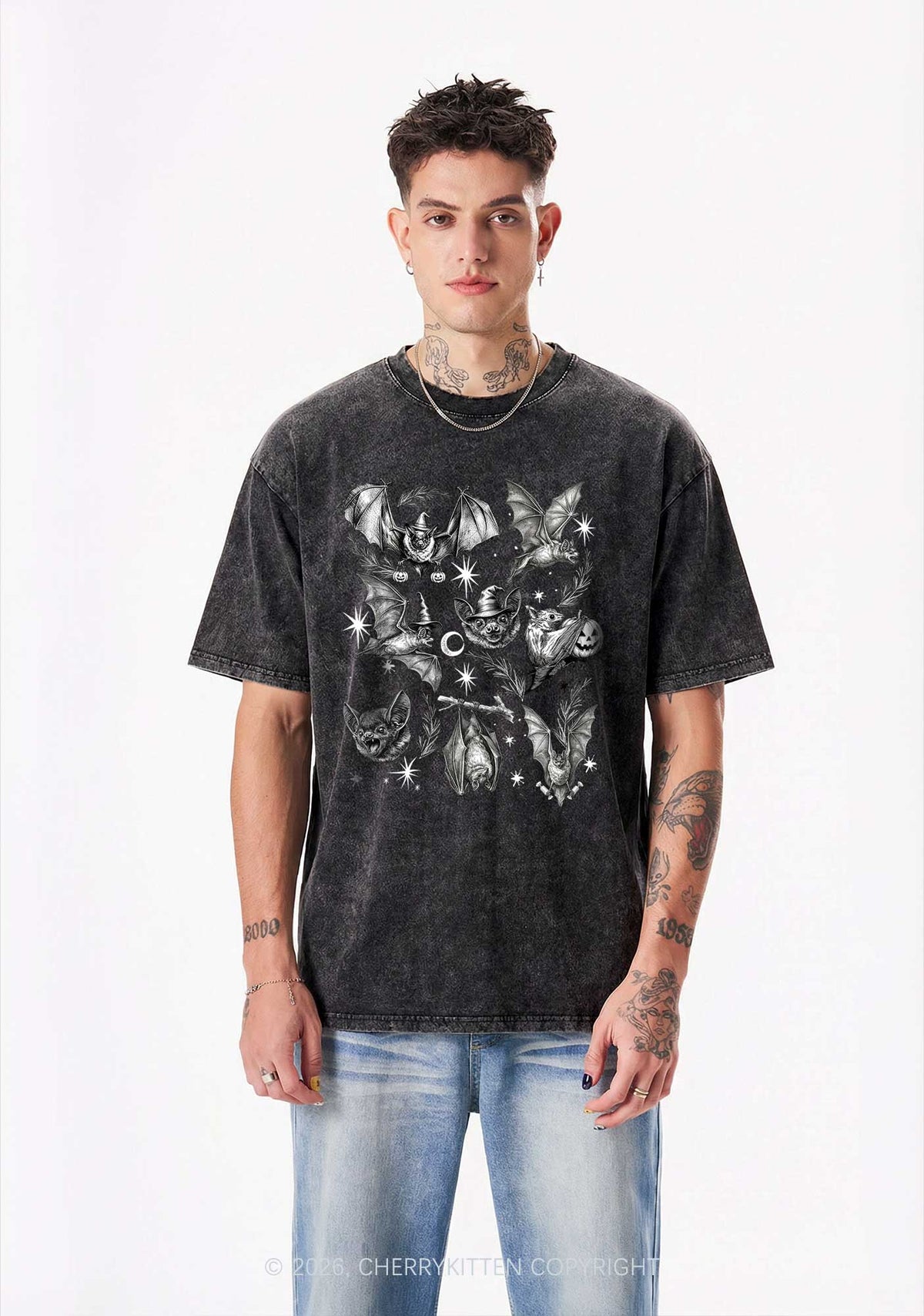 Halloween Bat Wizard Hat Y2K Shirts Washed Tee Cherrykitten