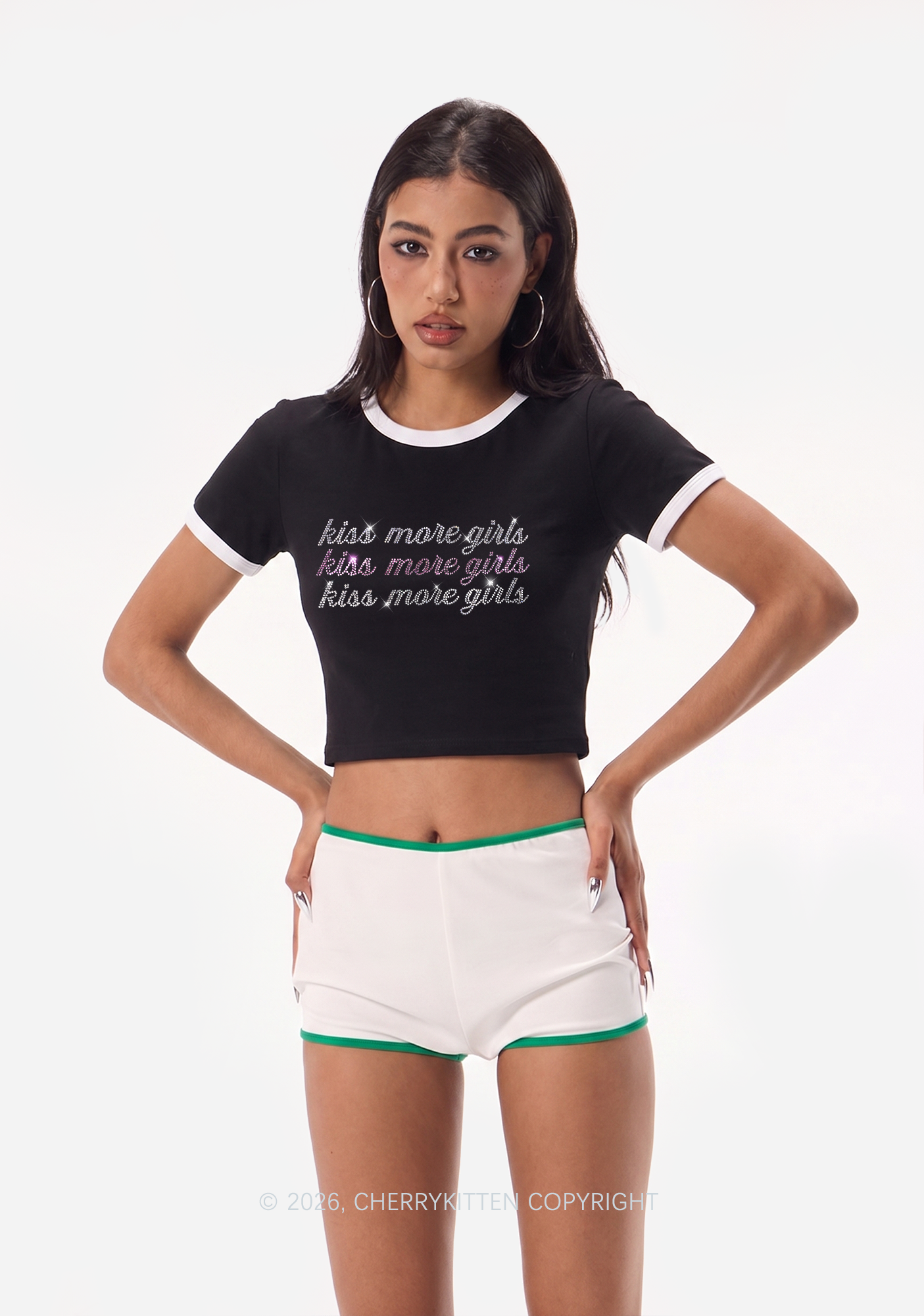 Rhinestone Kiss More Girls Pride Y2K Ringer Tee Cherrykitten