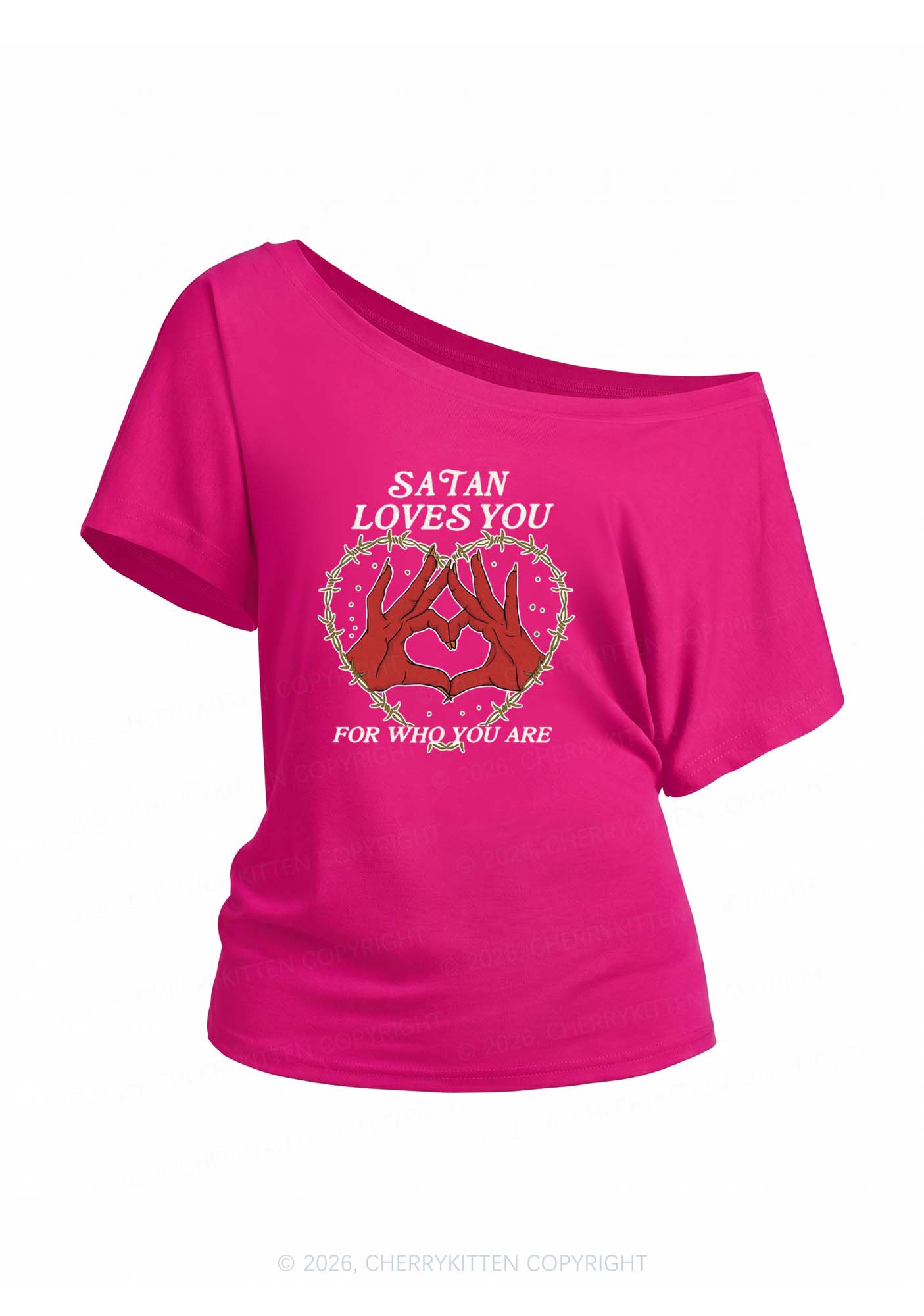 Satan Loves You Heart Halloween Y2K Off Shoulder Tee Cherrykitten