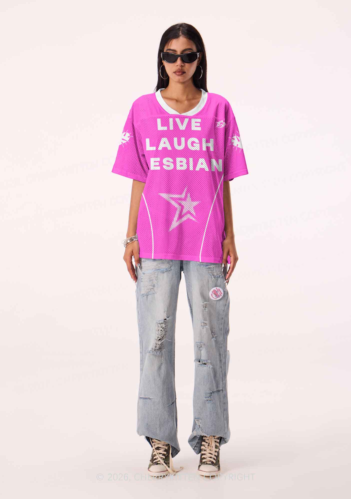 Hot Pink Live Laugh Lesbian Pride Y2K Sport Jersey Shirts Cherrykitten