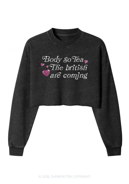 Rhinestone Body So Tea Y2K Crop Washed Sweatshirts Cherrykitten