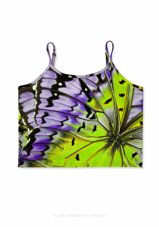 Purple Lime Butterfly Wing Y2K Print Cami Crop Top Cherrykitten