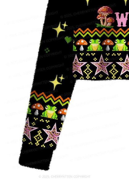 Tism Rizz Frog Y2K Christmas Crop Knit Sweatshirt Cherrykitten