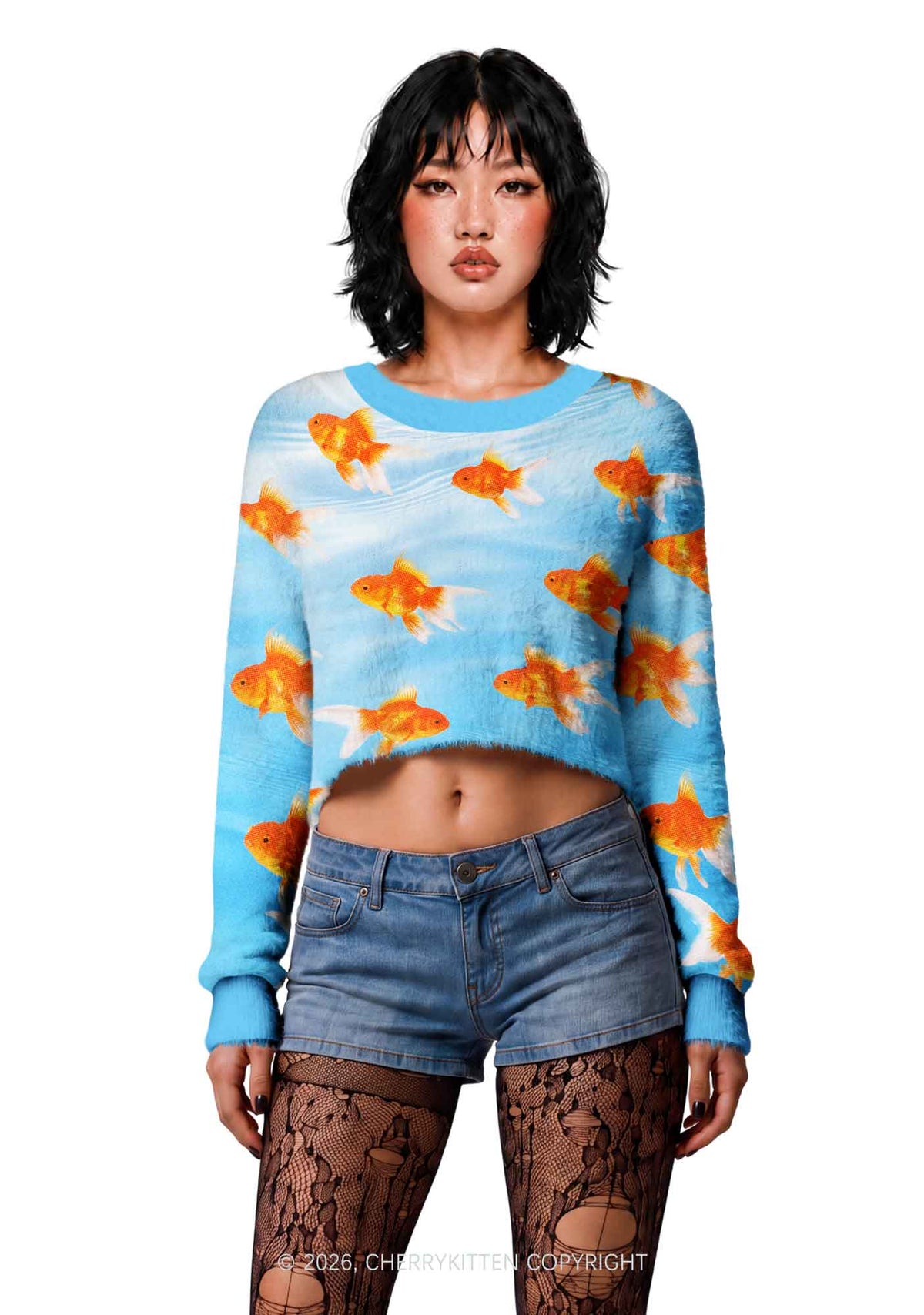 Goldfish Y2K Crop Knit Sweatshirt Cherrykitten