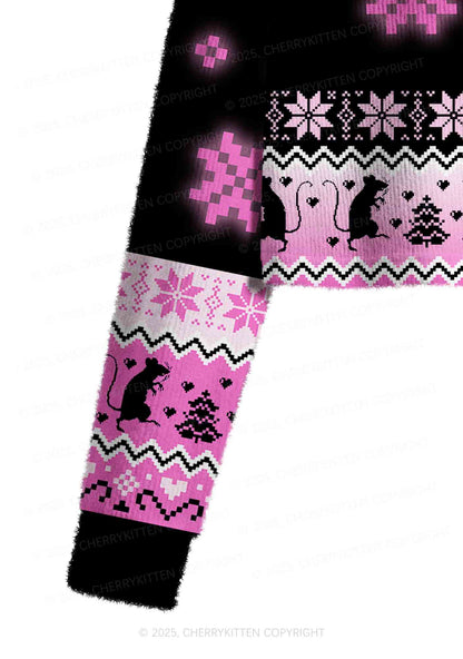 Hot Pink Ratz Y2K Christmas Crop Knit Sweatshirt Cherrykitten