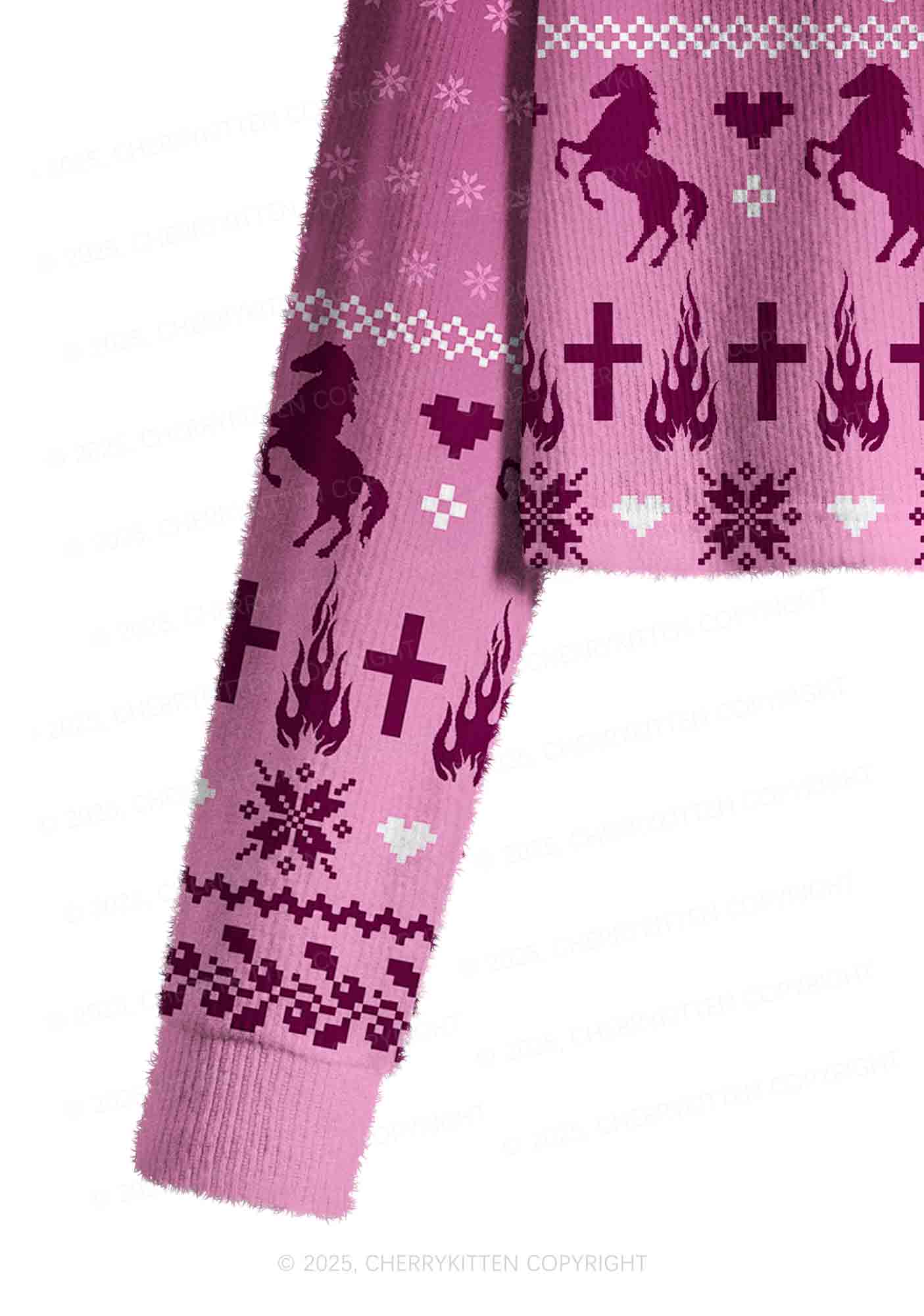 Pink K Pony Y2K Christmas Crop Knit Sweatshirt Cherrykitten