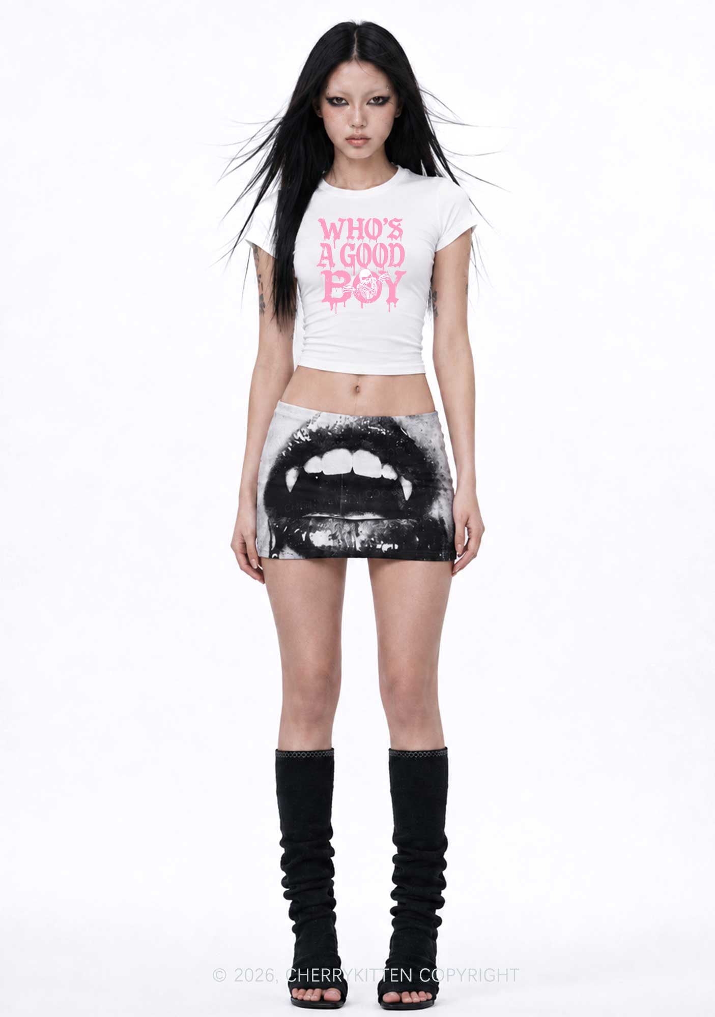 Halloween Whos A Good Boy Skull Y2K Goth Angel Wings Baby Tee Cherrykitten