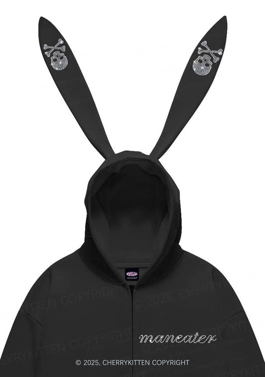 Rhinestone Maneater Skull Y2K Bunny Ear Zip Hoodie Cherrykitten