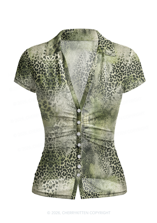 Green Leopard Y2K Mesh Ruched Waist V Neck Top Cherrykitten