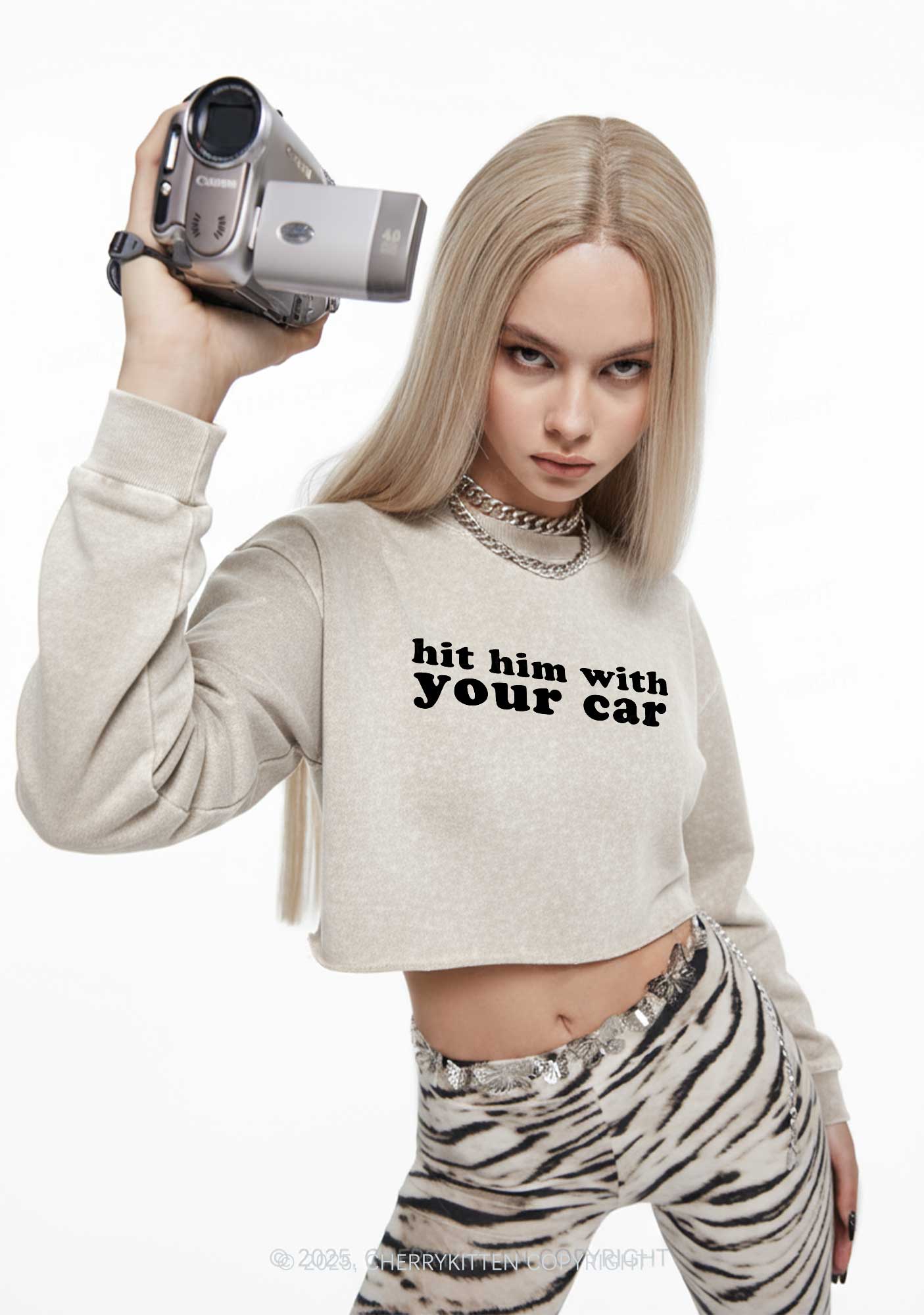 Hit Him Y2K Crop Washed Sweatshirts Cherrykitten