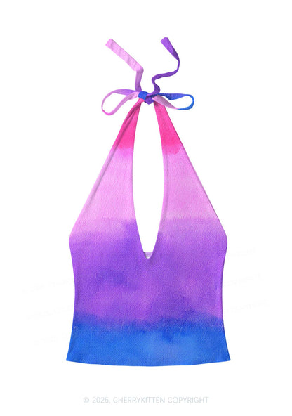 Bisexual Tie Dye Pride Y2K Print Halter Deep V Neck Cami Cherrykitten