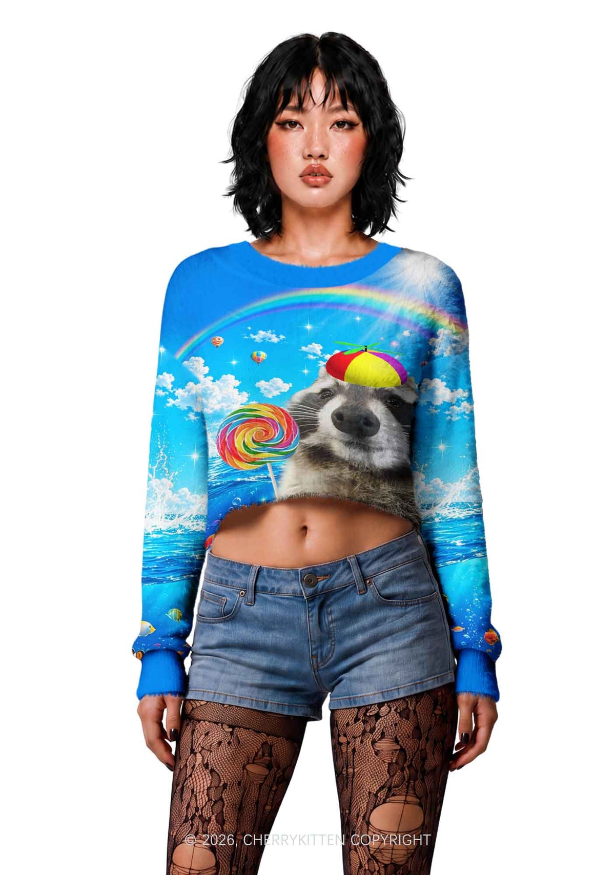 Rainbow Lollipop Raccoon Y2K Crop Knit Sweatshirt Cherrykitten