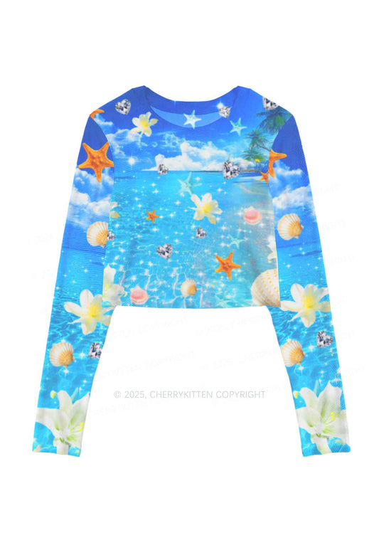 Sea Treasures Y2K Mesh Long Sleeve Crop Top Cherrykitten