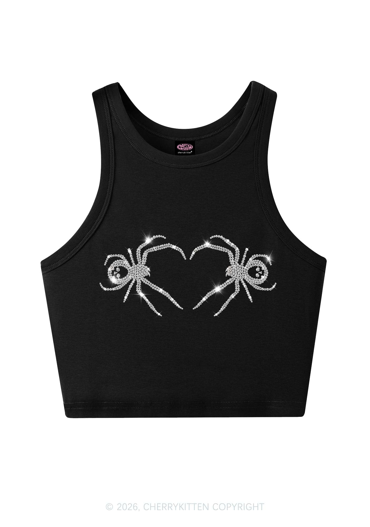 Rhinestone Skull Spider Y2K Crop Tank Top Cherrykitten