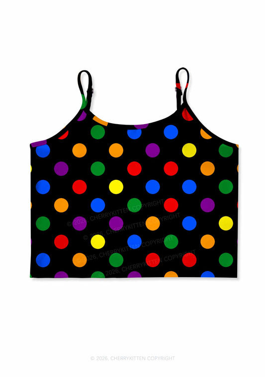 Rainbow Dots On Black Pride Y2K Print Cami Crop Top Cherrykitten