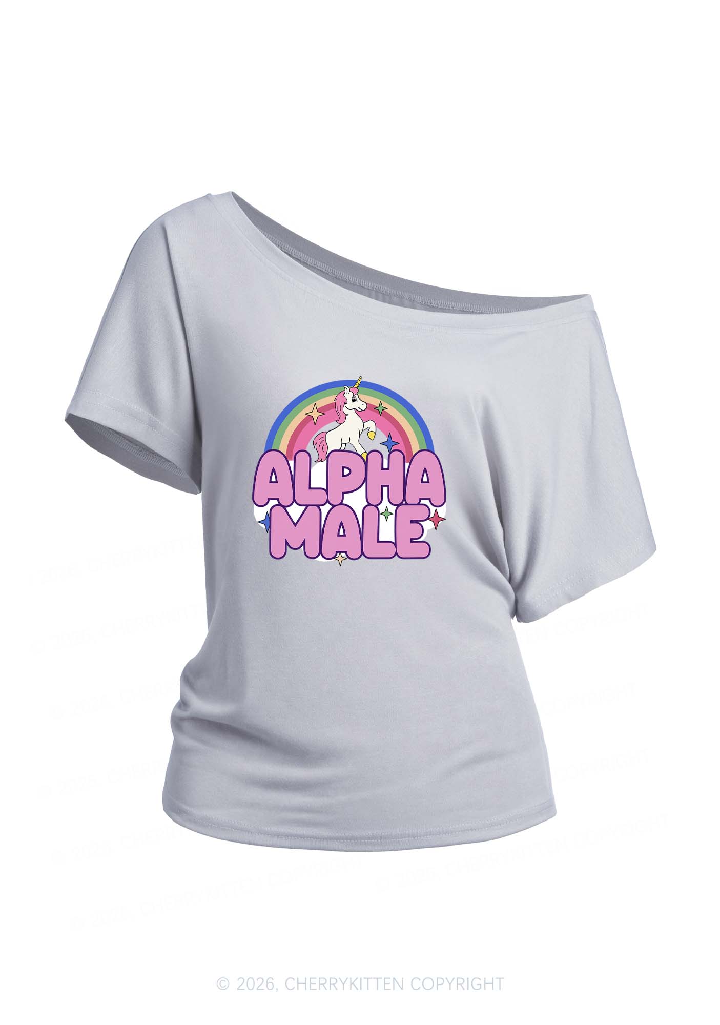 Rainbow Unicorn Alpha Male Y2K Off Shoulder Tee Cherrykitten