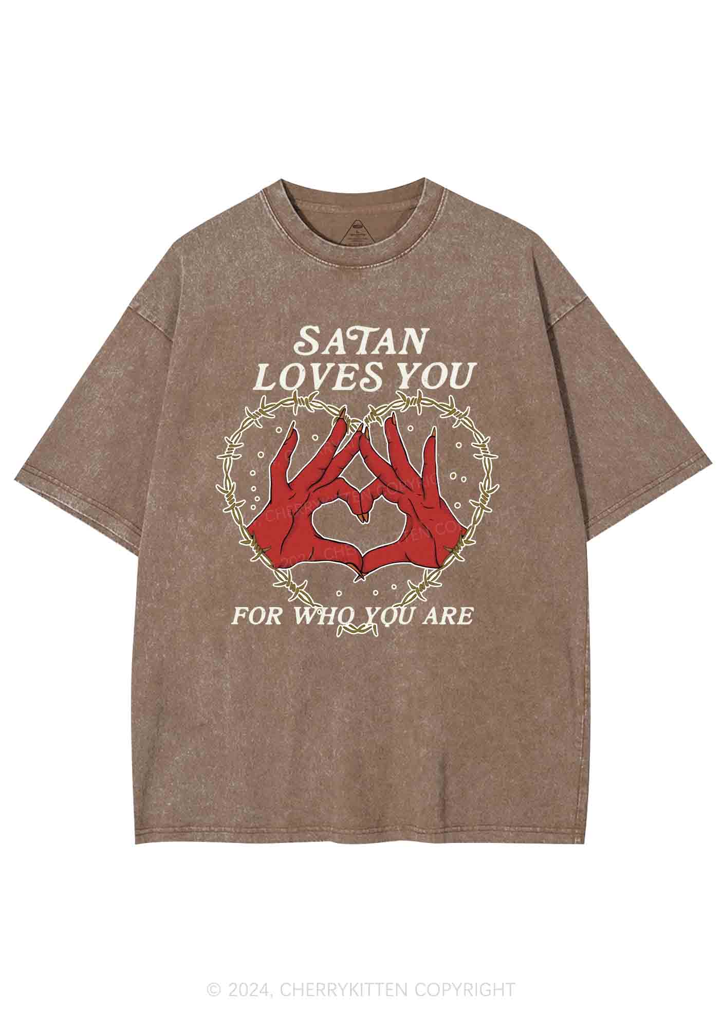Satan Loves You Heart Halloween Y2K Washed Tee Cherrykitten
