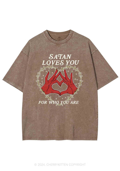 Satan Loves You Heart Halloween Y2K Washed Tee Cherrykitten